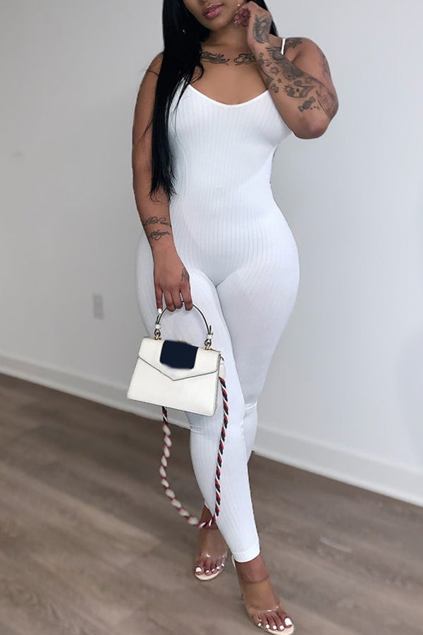 Simple Ribbed Cross Back Jumpsuit