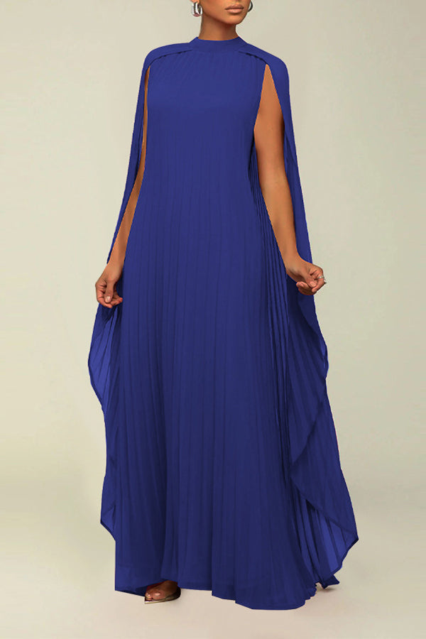 Elegant Round Neck Pleated Cape Dress