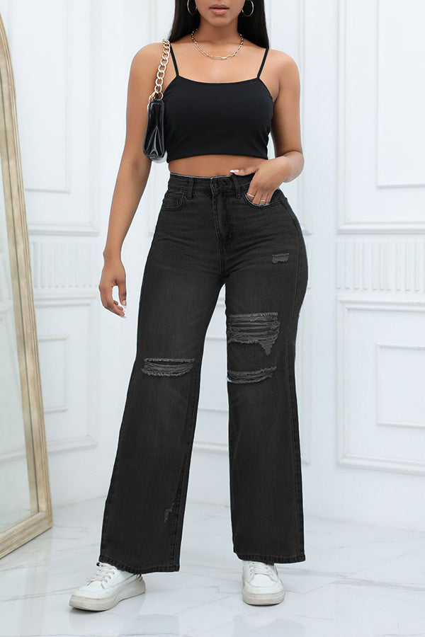Casual Pocket Ripped Straight Jeans
