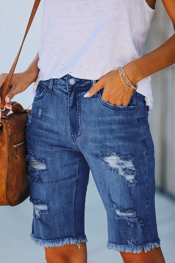 Casual Ripped Single Button Denim Shorts