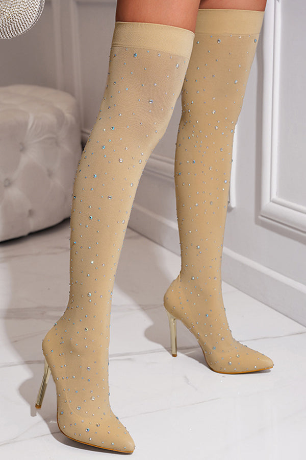 Womens Fine Stretch Mesh Socks Fit Sparkly Glamor Sexy Thigh High Heeled Boots with Rhinestones