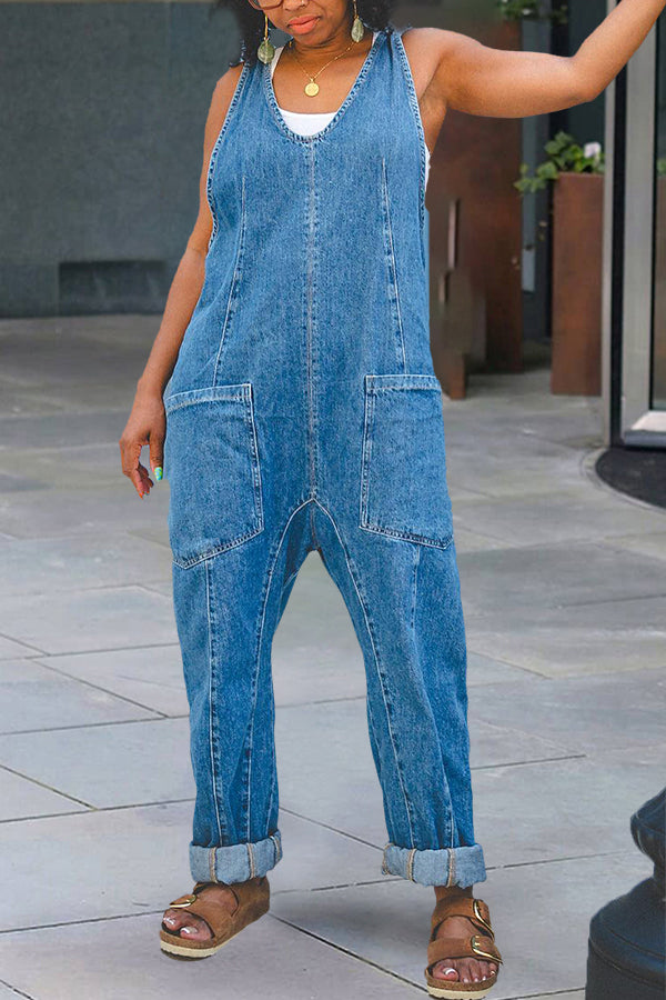 Stylish Patched Pocket Denim Jumpsuit