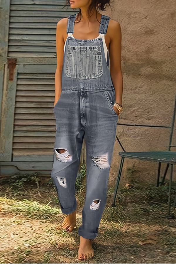 Casual Pocket Ripped Denim Overalls