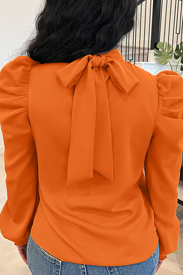 Solid Puff Sleeve Tie Back Top