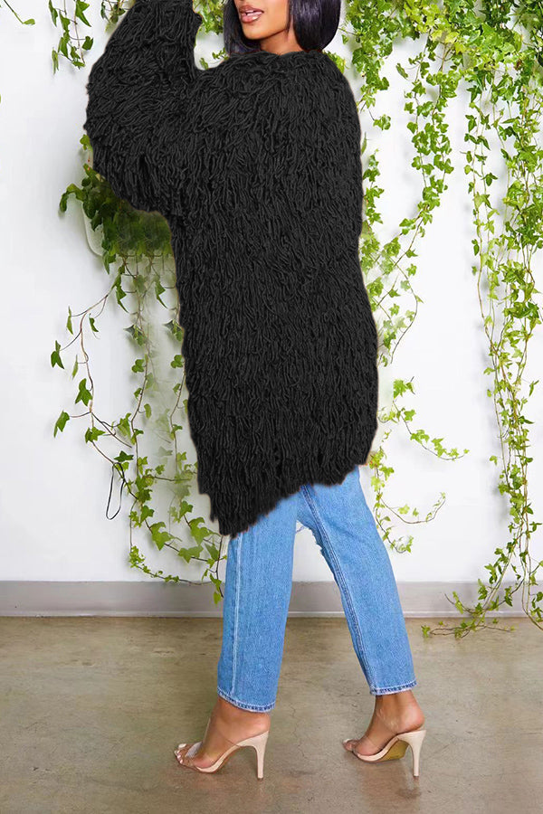 Solid Knitted Crochet Long Tassel Cardigan