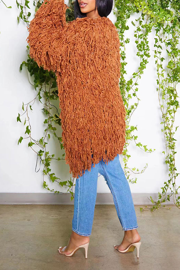 Solid Knitted Crochet Long Tassel Cardigan