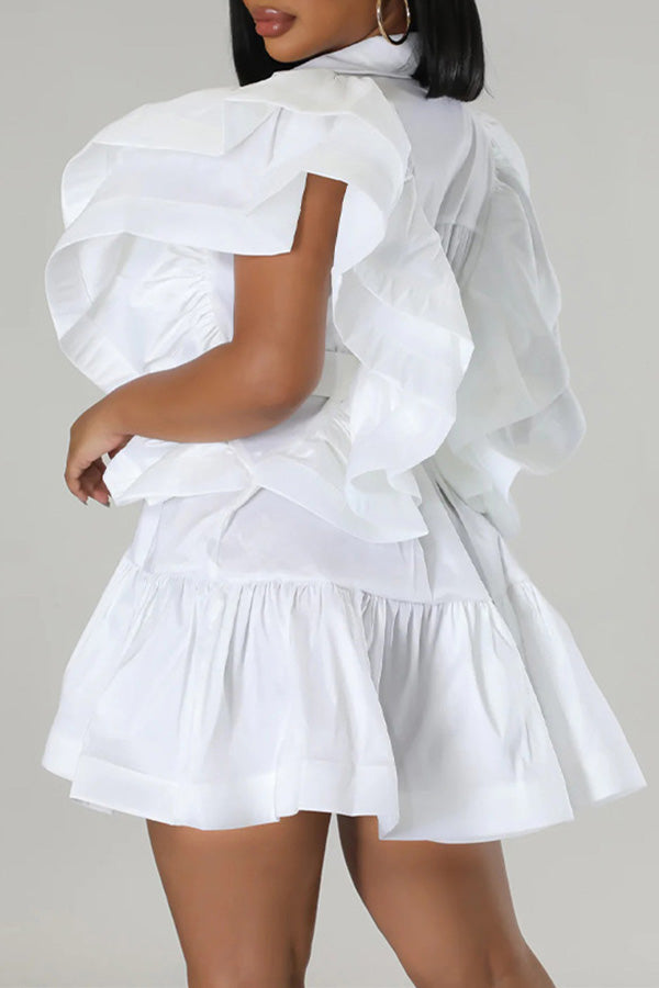 Unique Layered Ruffle Sleeve Belted Dress