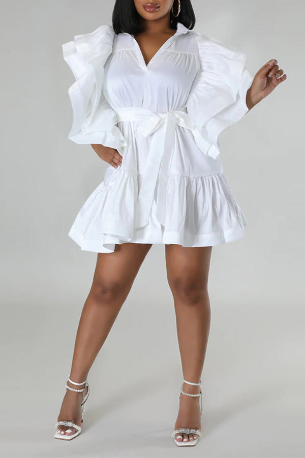 Unique Layered Ruffle Sleeve Belted Dress