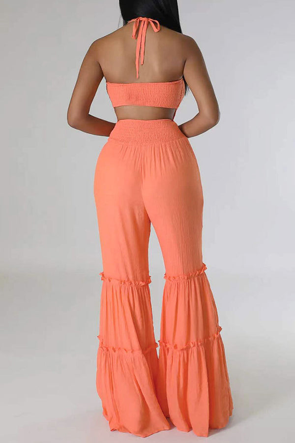 Halter Shirred Ruffle Hem Jumpsuit