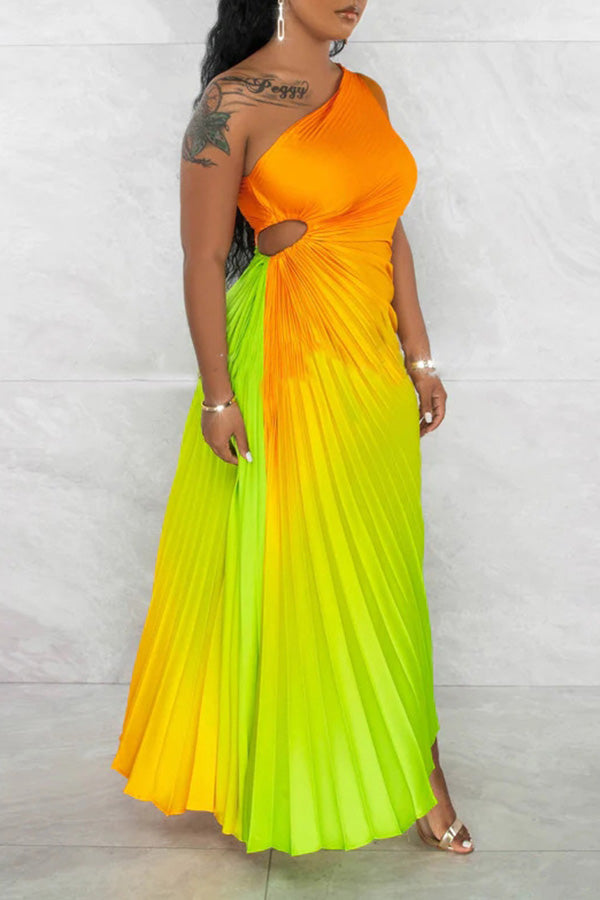Ombre One Shoulder Cutout Pleated Dress
