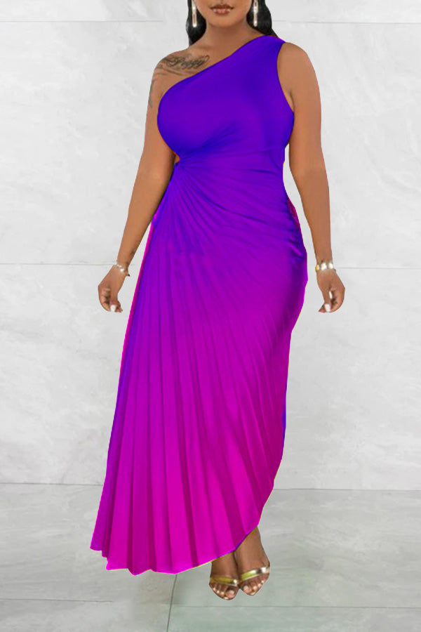 Ombre One Shoulder Cutout Pleated Dress