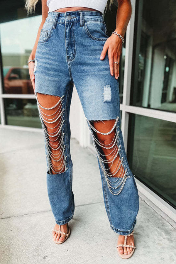 Chic Ripped Fringe Trim Jeans