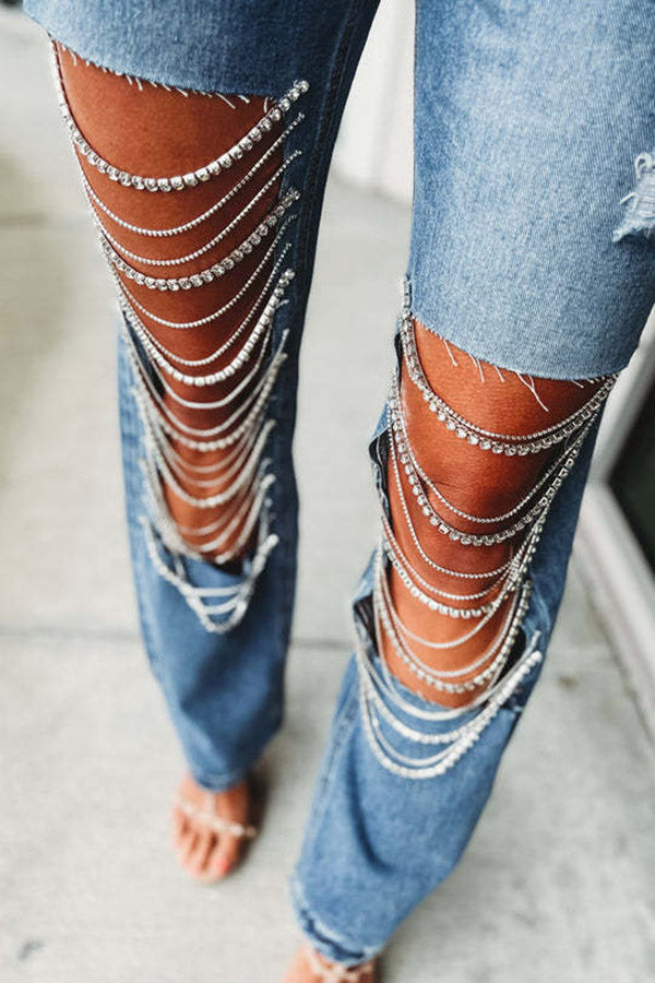 Chic Ripped Fringe Trim Jeans