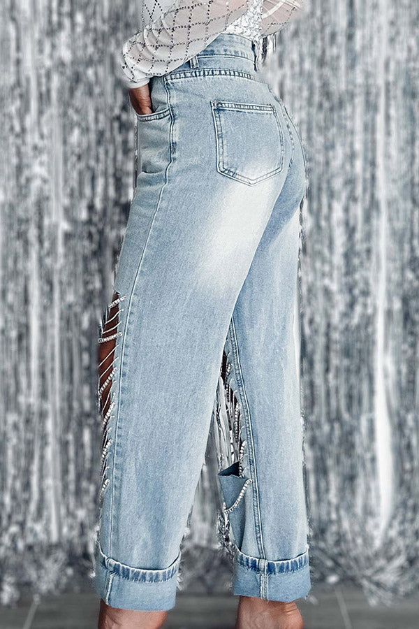 Chic Ripped Fringe Trim Jeans