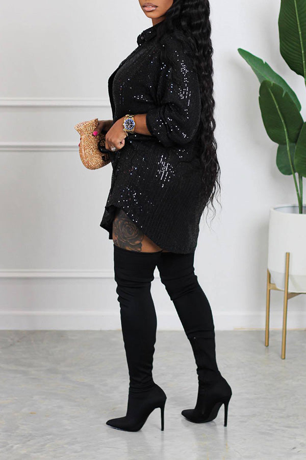 Sequin Button Up Shirt Dress 