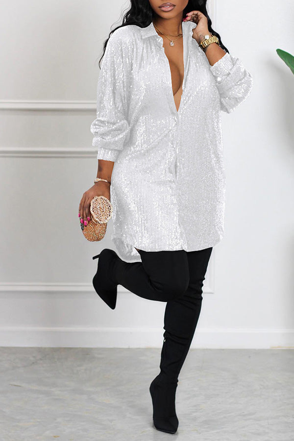 Sequin Button Up Shirt Dress 