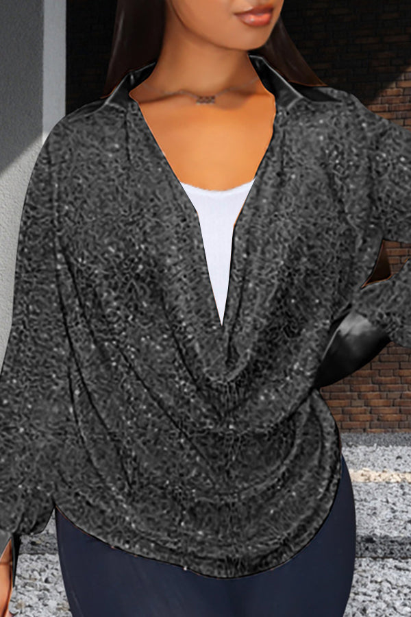 Glitter Sequin Draped Collar Blouse