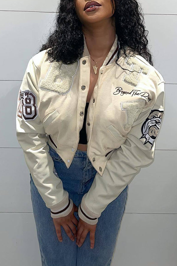 Casual Baseball Collar Letter Graphic Jacket
