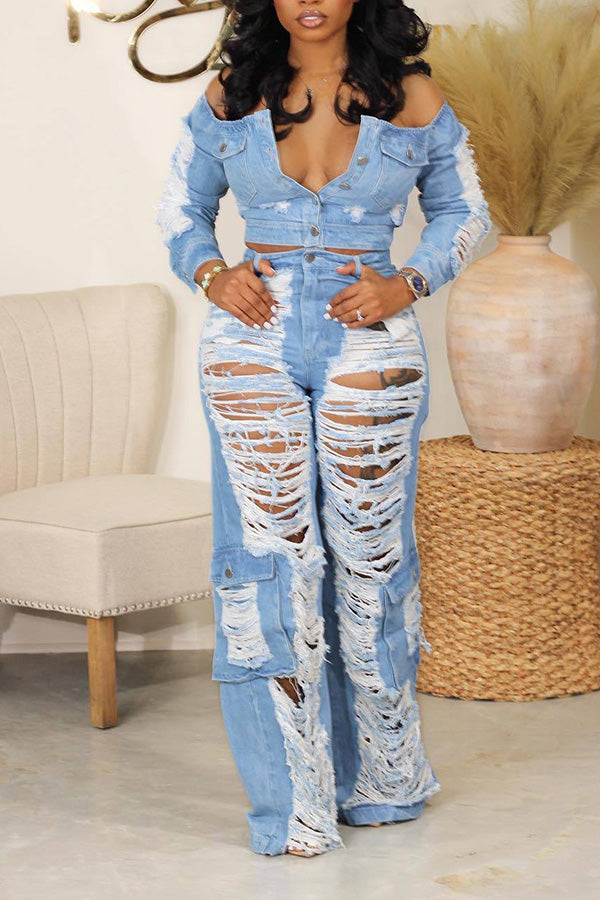 Chic Ripped Raw Trim Flap Pocket Jeans