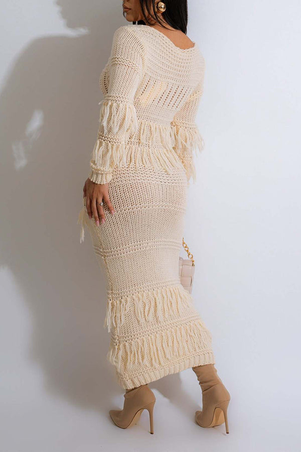 Cozy Fringe Trim Textured Knit Dress