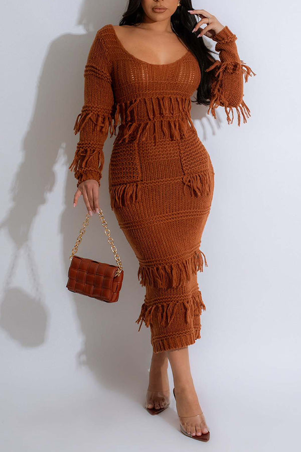 Cozy Fringe Trim Textured Knit Dress