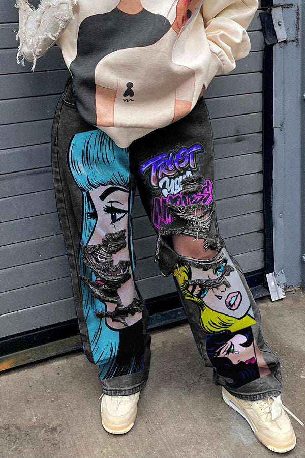 Colourful Stylish Ripped Graphic Print Jeans