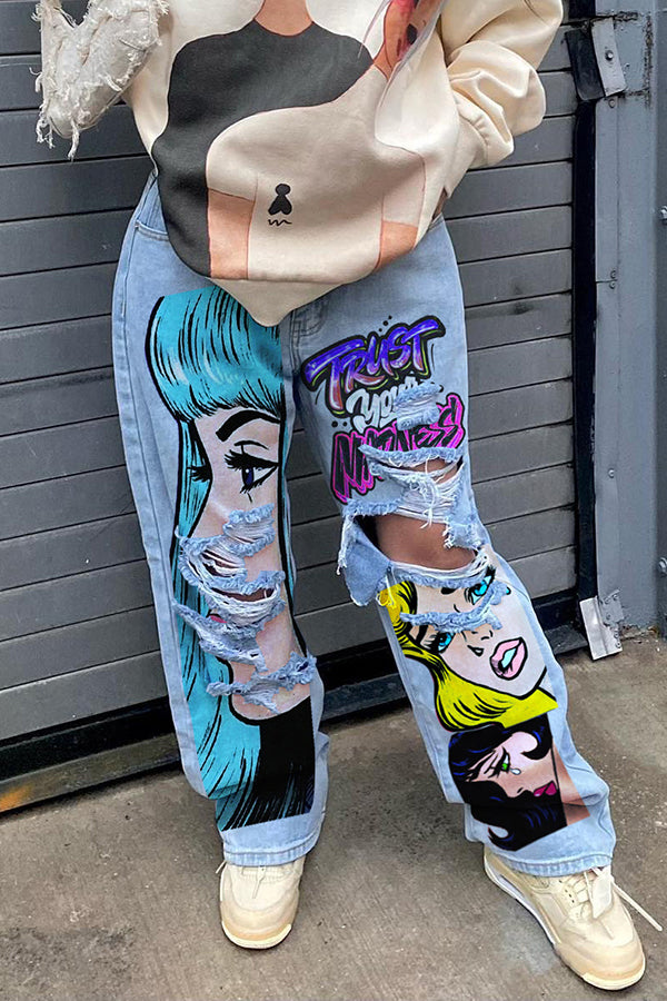 Colourful Stylish Ripped Graphic Print Jeans