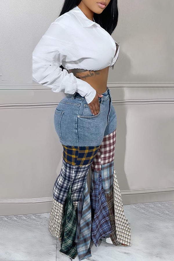 Denim Plaid Ruched Patchwork Jeans 