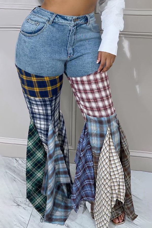 Denim Plaid Ruched Patchwork Jeans 