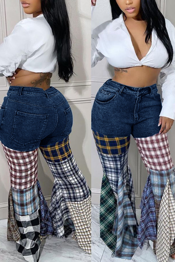 Denim Plaid Ruched Patchwork Jeans