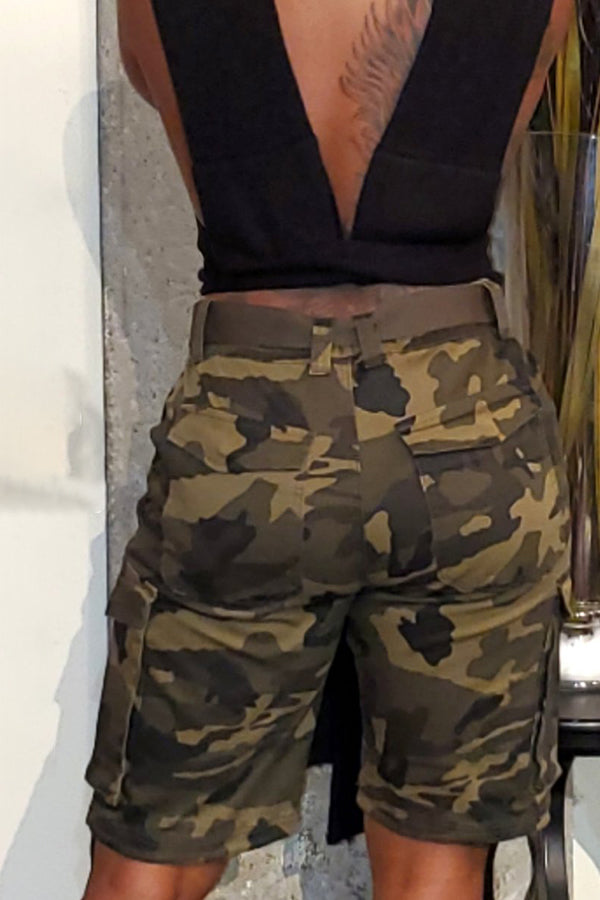 Camouflage Belted Flap Pockets Cargo Shorts