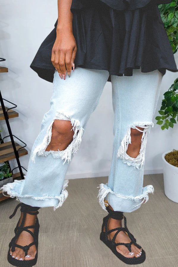 Casual Washed Raw Edge Ripped Straight Jeans