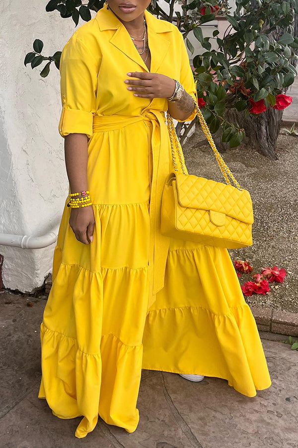 Lapel Belted Ruffle Hem Maxi Sunshine Dress